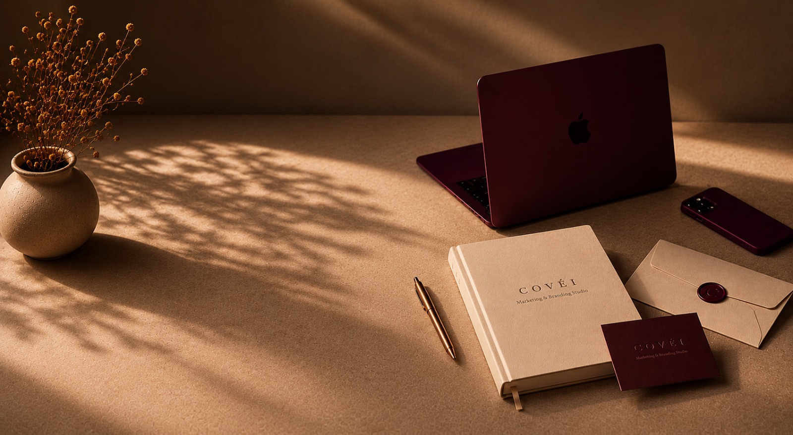 Escritorio COVÉI — laptop bordó, libreta y papelería con sello de cera